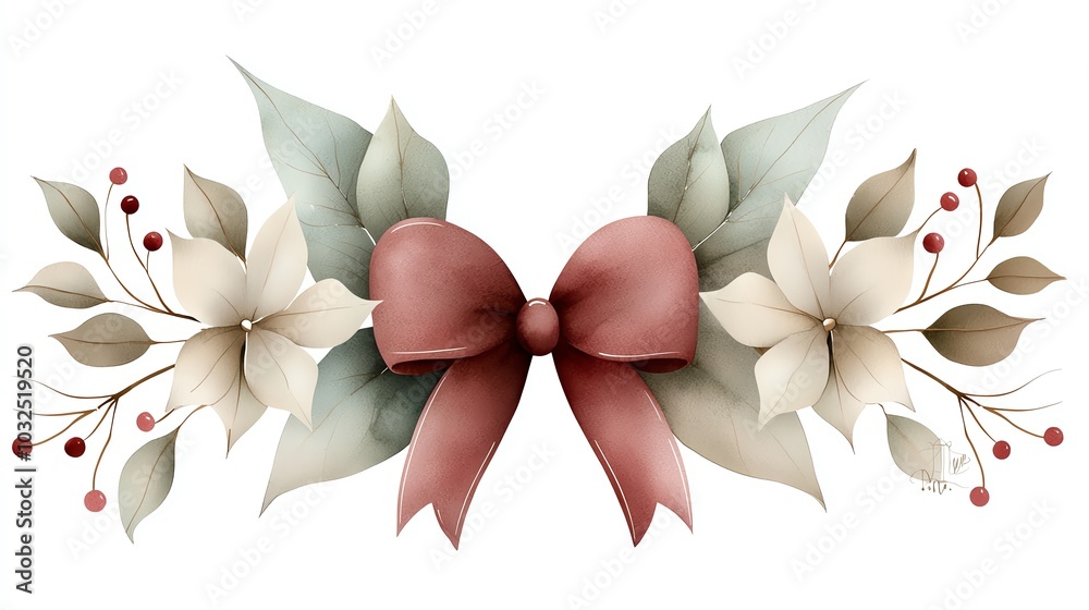 a cheerful Christmas bow clipart, mistletoe accent, watercolor illustration, light green and red, isolated on white background a cheerful Christmas bow clipart, mistletoe accent, watercolor illustration, light green and red, isolated on white background