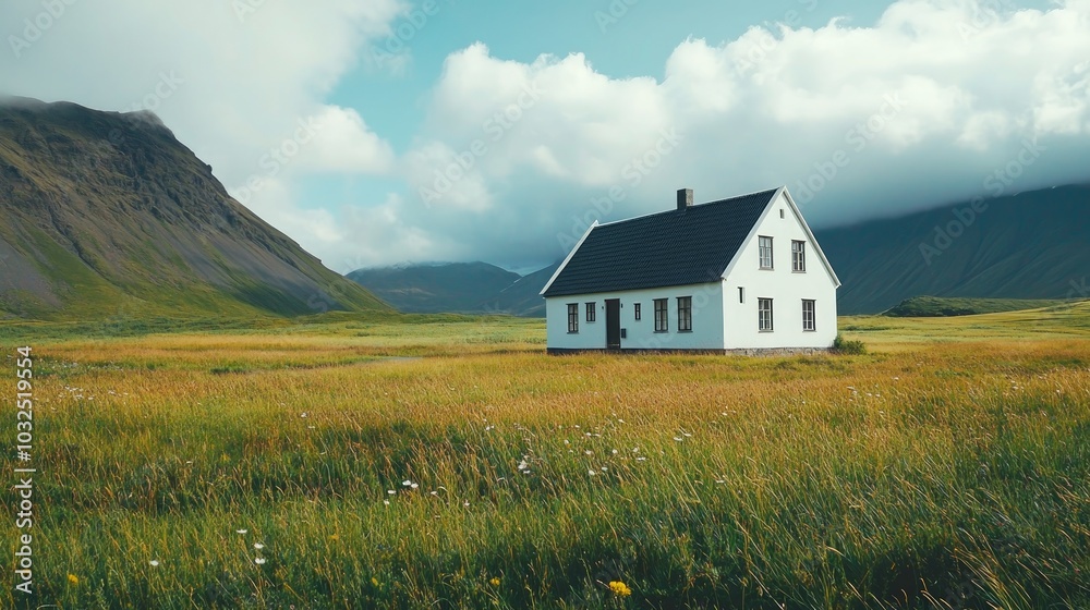 A solitary white house stands amidst a lush green landscape under a cloudy sky. A solitary white house stands amidst a lush green landscape under a cloudy sky.