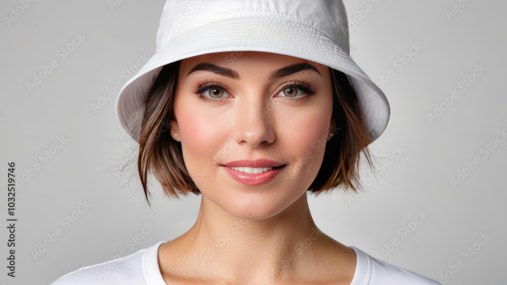 Woman with short hair wearing white t-shirt and white bucket hat isolated on grey background