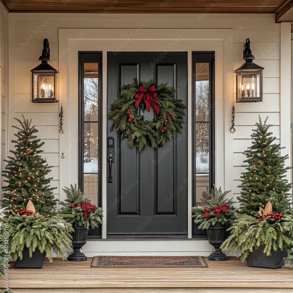 Elegant front porch decorated for the holidays with a black door, wreath, and greenery