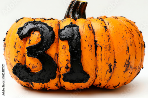 Large pumpkin with the number 31 in bold, distressed black, placed on a shelf with a smaller jack-o'-lantern in the background. Ideal for Halloween decorations, seasonal promotions, and autumn-themed  photo