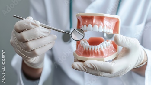 Dentist Holding Teeth Model with Instrument, Tooth Care, Oral Health, Prosthetics, Hygiene Tools, Teeth Cleaning, Orthodontic Checkup, Professional Treatment, Generated AI