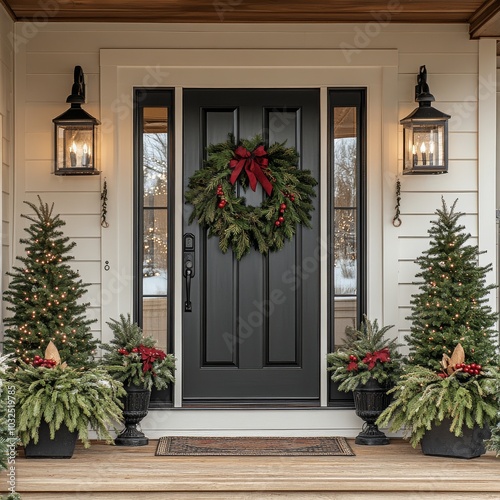 Elegant front porch decorated for the holidays with a black door, wreath, and...