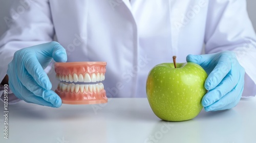 Dentist Holding Denture and Green Apple, Oral Health, Dentistry, Dental Hygiene, Prosthetics, Tooth Care, Generated AI