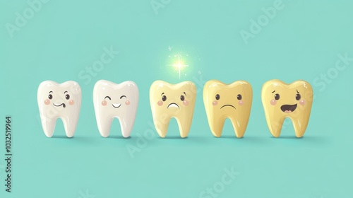 Series of cartoon-style teeth with different facial expressions, symbolizing various stages of dental health. Dental Health Stages, Tooth Decay, Whitening, Oral Hygiene, Dentistry, Generated AI