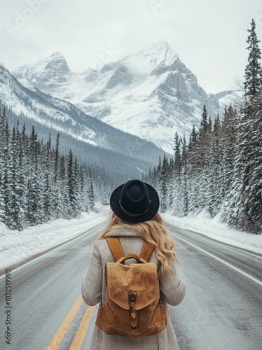 Person with a backpack walking on a snowy road surrounded by mountains in winter