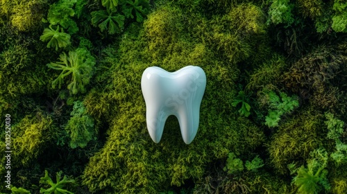 A Top-Down View of a White Tooth Symbol on Lush Green Moss, Representing Natural Oral Care, Dental Health, Dental Hygiene, Generated AI