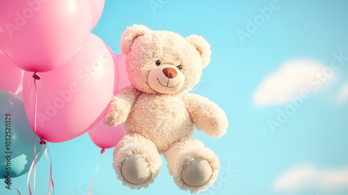 Whimsical Scene of an Adorable Plush Teddy Bear Gracefully Floating Surrounded by Joyful Pink Balloons