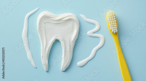 Yellow Toothbrush with Tooth and Toothpaste Design on Light Blue Background. Oral Care, Dental Hygiene, and Healthy Clean Teeth, Generated AI