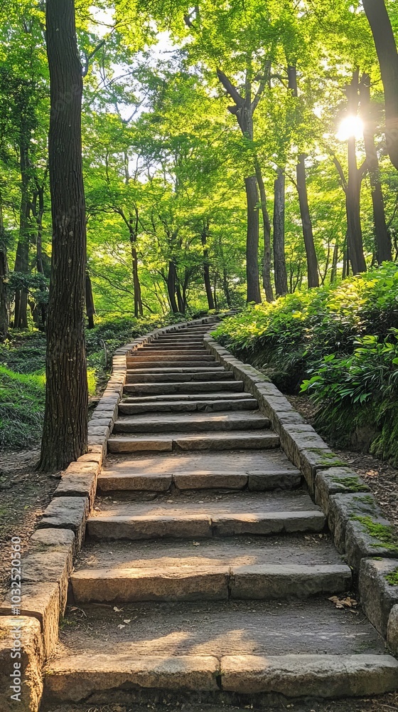 Stone steps wind through a lush green forest, sunlight filtering through the trees. Stone steps wind through a lush green forest, sunlight filtering through the trees.