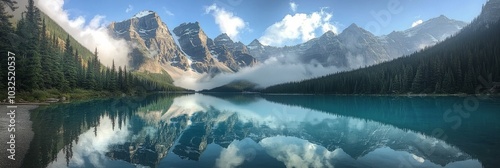 Tranquil mountain lake reflecting peaks and sky in a stunning natural landsca...