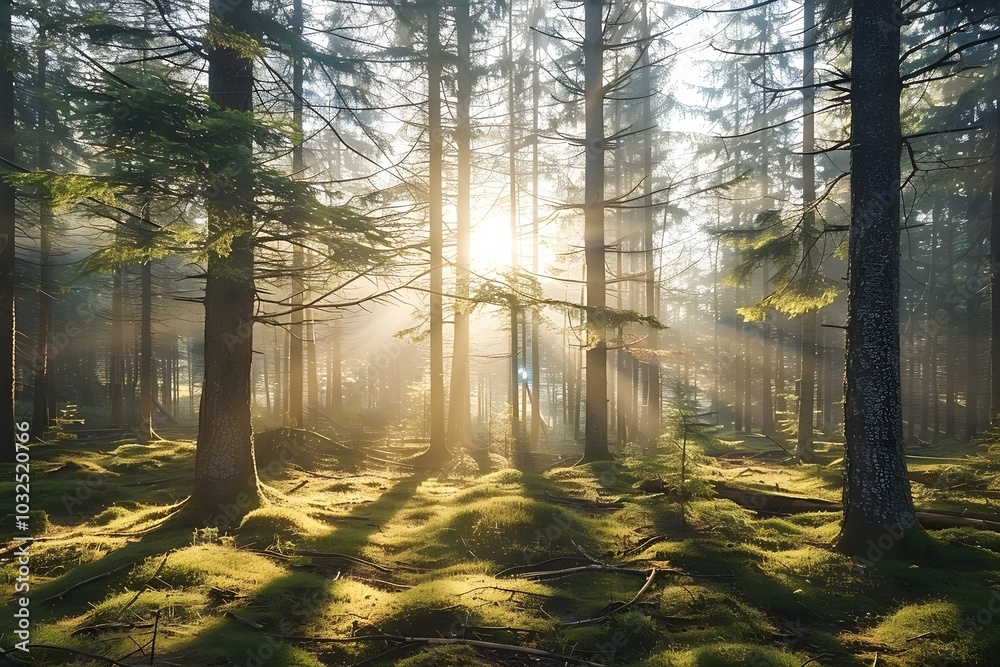 Obraz premium Enchanted Forest: Sunlight Streaming Through Tall Trees