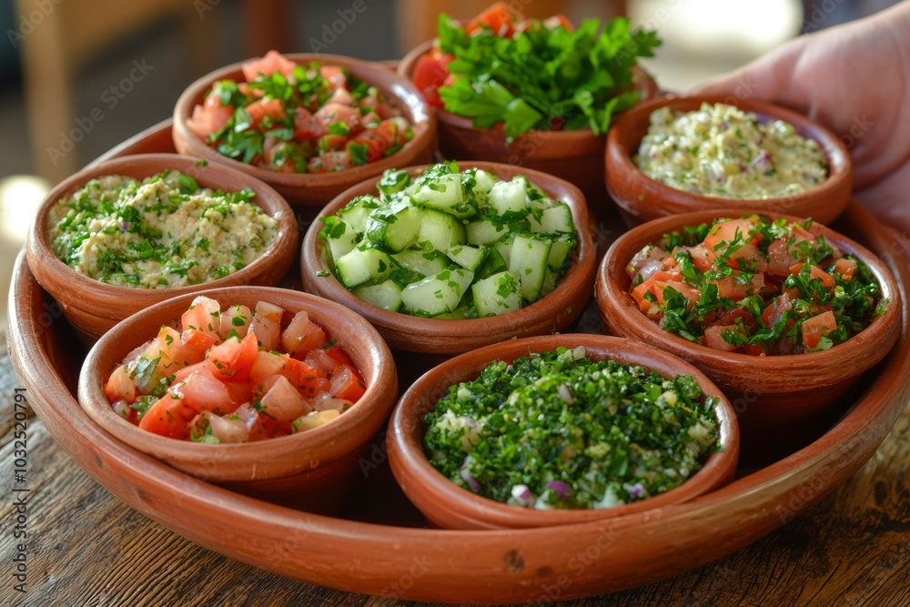 Assortment of Middle Eastern Salads in Clay Bowls Assortment of Middle Eastern Salads in Clay Bowls