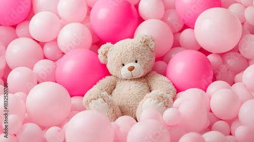 Charming Imagery of a Fluffy Teddy Bear Adrift Among Colorful Pink Balloons in a Cheerful Nursery Setting