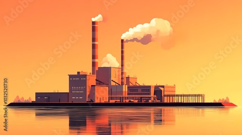 Flat solid color illustration of an amber-colored biomass power plant 