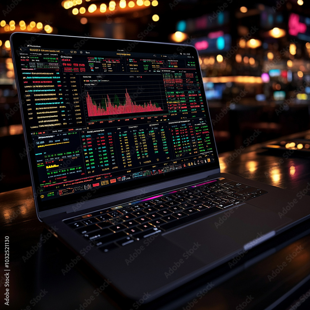 laptop displaying financial data and stock market graphs in vibrant setting. colorful charts and numbers reflect dynamic trading environment, ideal for business analysis laptop displaying financial data and stock market graphs in vibrant setting. colorful charts and numbers reflect dynamic trading environment, ideal for business analysis