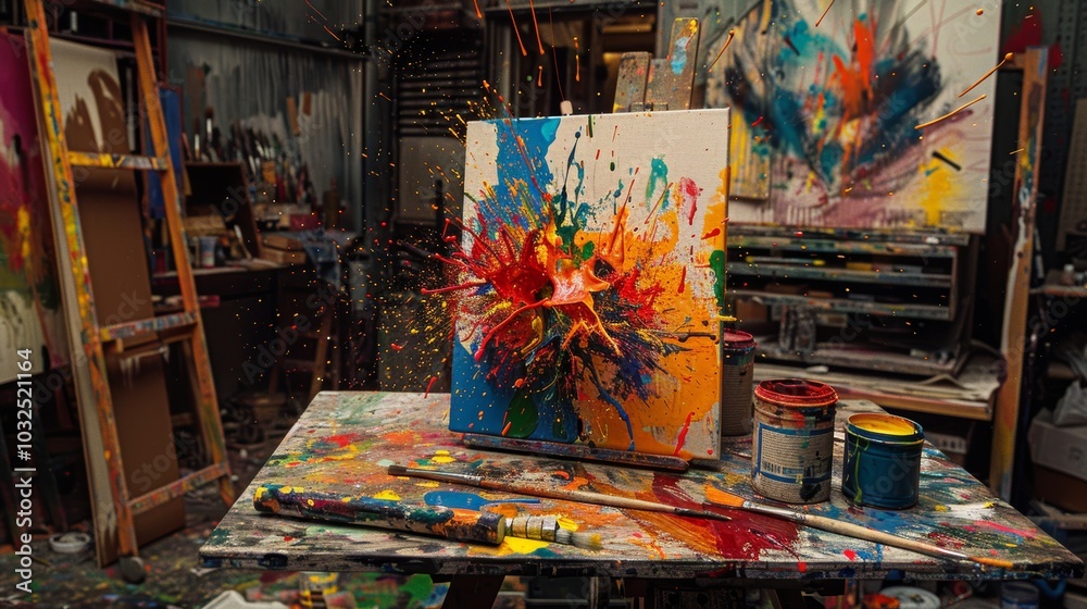 Vibrant Artistic Chaos: Splattered Paint in Energetic Artist Studio Scene Vibrant Artistic Chaos: Splattered Paint in Energetic Artist Studio Scene