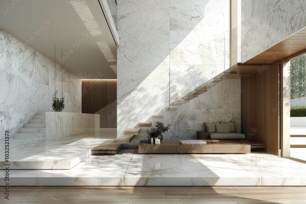 Wooden bench near marble stone wall and wood paneling in cozy hallway. Minimalist home interior design of modern entrance hall with big window.