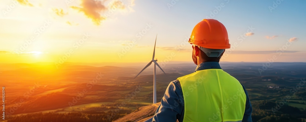 Construction worker in safety vest and hardhat on a rooftop overlooking a city. Construction worker in safety vest and hardhat on a rooftop overlooking a city.