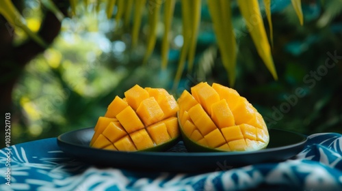 Freshly Sliced Ripe Mango Cubes on a Black Plate, Tropical Fruit, Healthy Eating, Generated AI