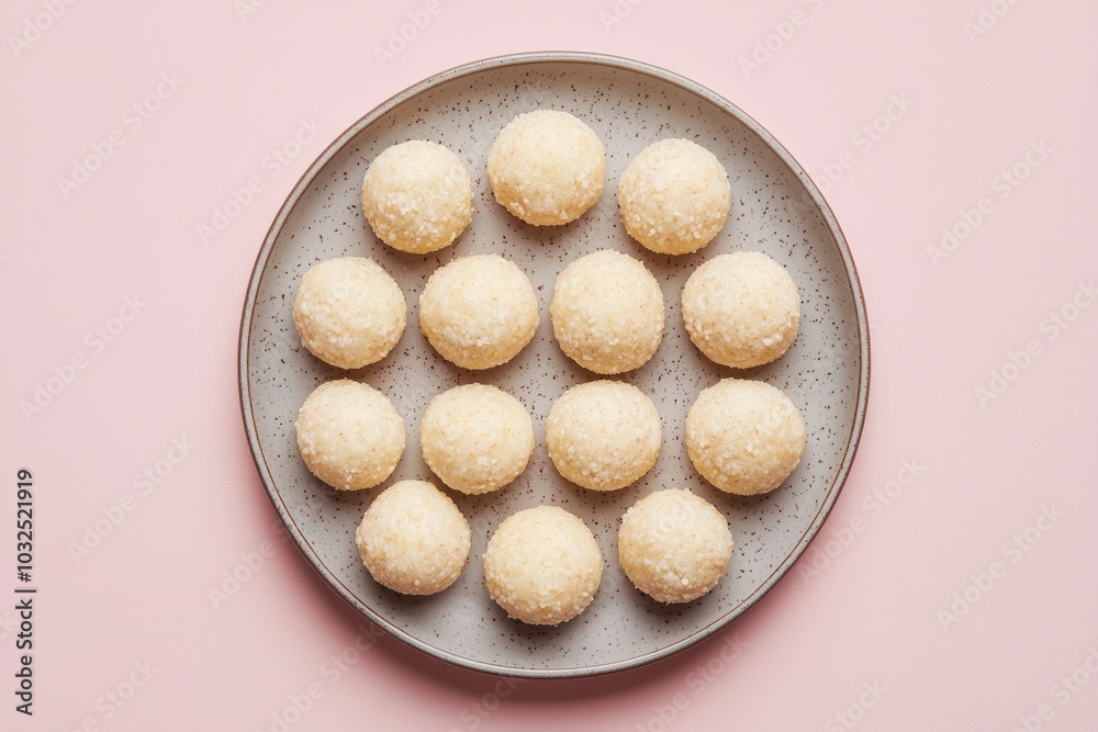 A Plate of Round, White, Sesame-Coated Treats A Plate of Round, White, Sesame-Coated Treats