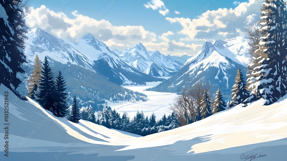 Fototapeta premium Panoramic view down snow covered valley in alpine mountain range