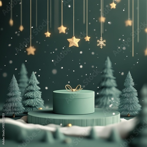 A serene winter scene with a green gift box surrounded by soft trees and hang...