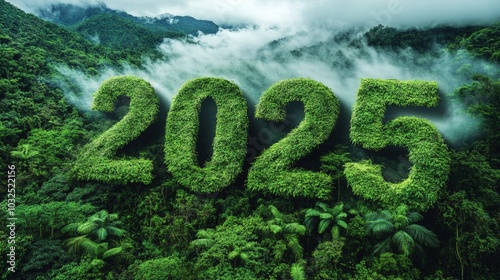2025 in Lush Green Foliage, Symbolizing Environmental Sustainability, Future Goals, and Eco-Friendly Initiatives. Nature and Conservation for a Green Future, Generated AI