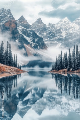 A calm lake mirrors majestic snow covered mountains and surrounding evergreen...