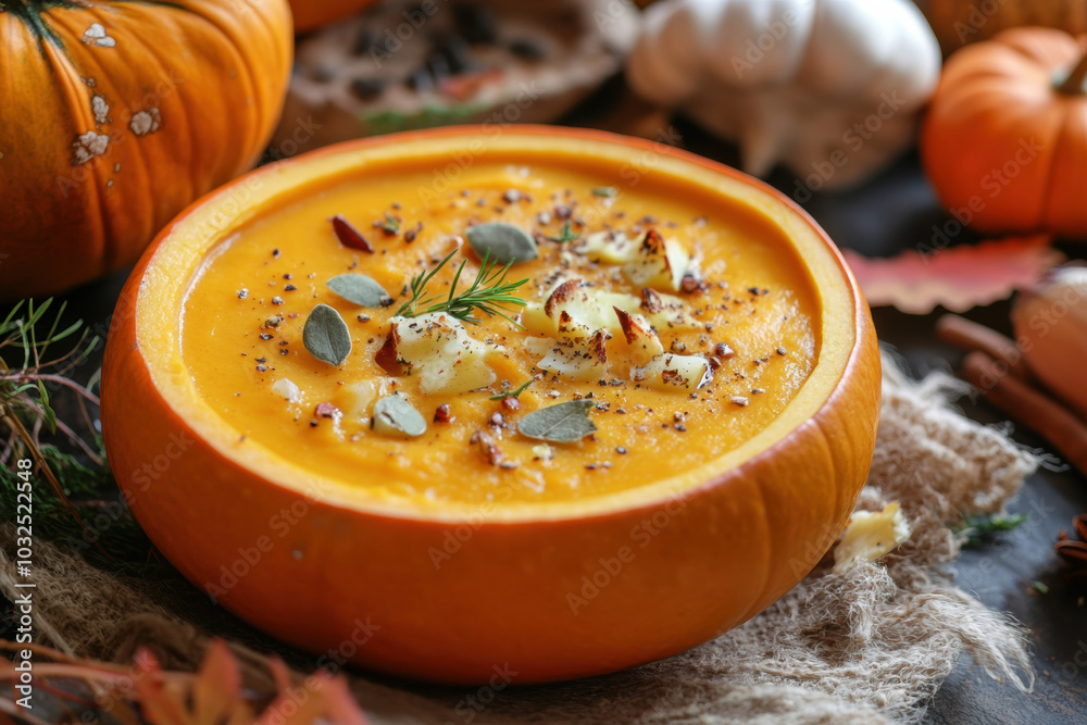 pumpkin soup served in a hollowed out pumpkin pumpkin soup served in a hollowed out pumpkin
