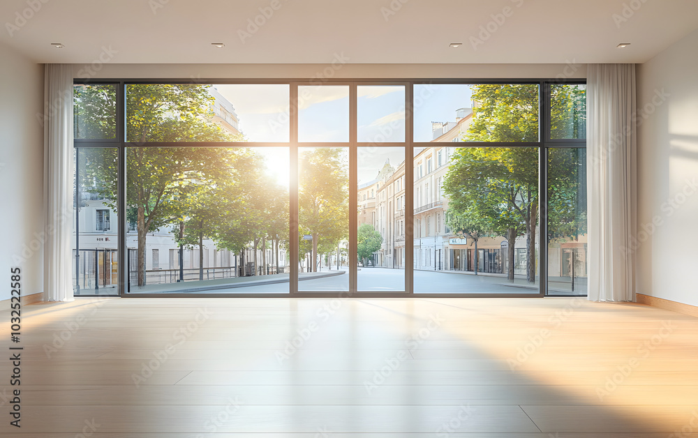 Fototapeta premium Modern empty room with large window overlooking the street in a contemporary building during daylight