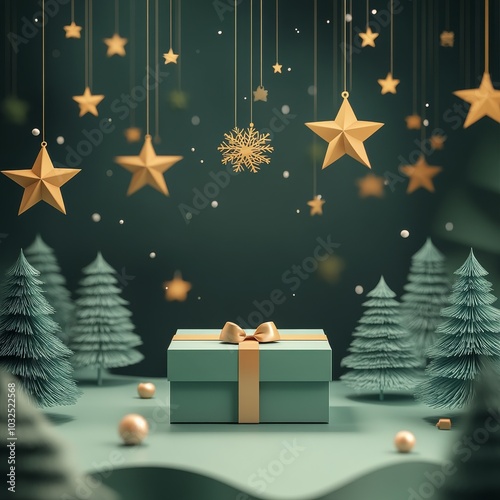 A serene winter scene with a green gift box surrounded by soft trees and hang...