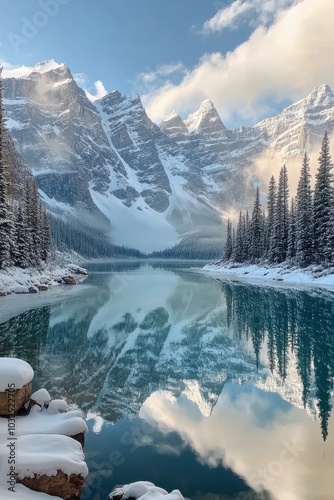 A calm lake mirrors majestic snow covered mountains and surrounding evergreen...