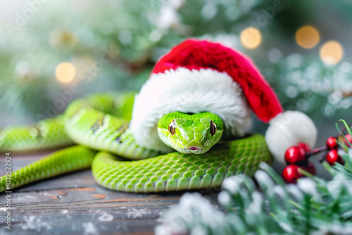 Green sanke in a Santa hat as sign of a new Year 2025 photo