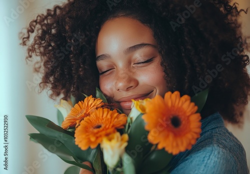 Young girl with curly hair joyfully embraces a bouquet of vibrant orange flow...