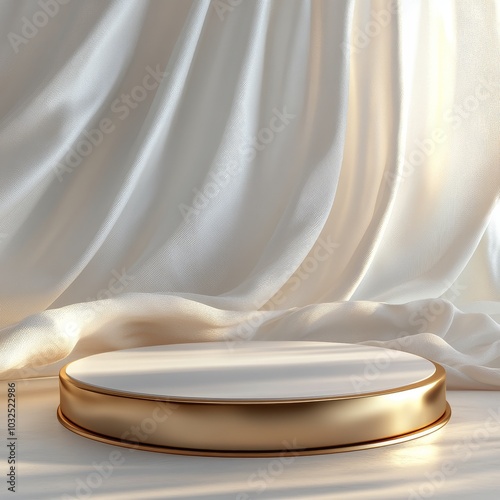 Elegant display of flowing fabric within a golden circular frame in a softly ...