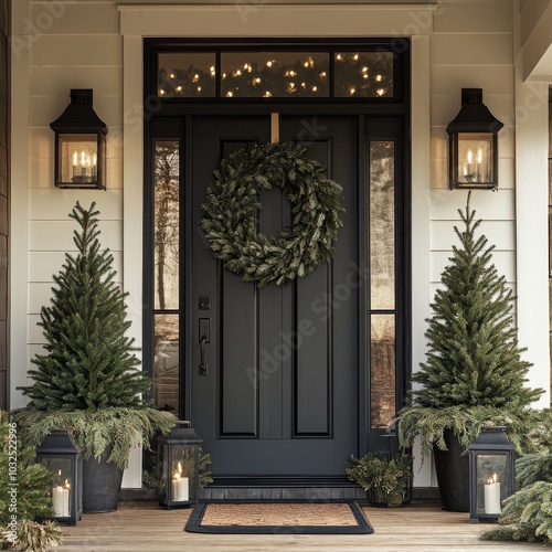 Elegant front porch decorated for the holidays with a black door, wreath, and greenery