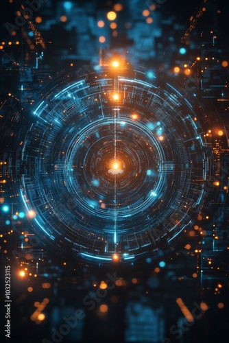 A vivid abstract with swirling blue patterns and glowing orange lights in a c...