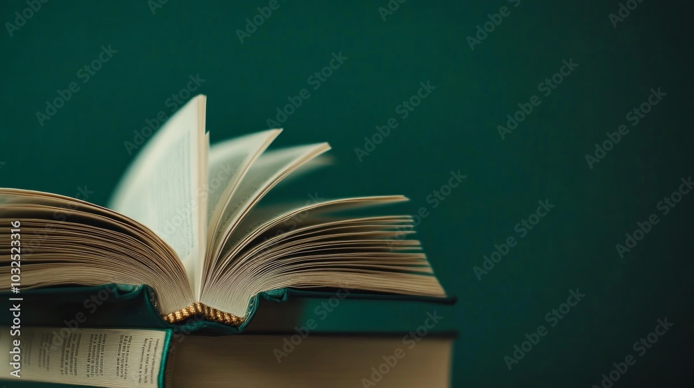 Open book with pages turning on a teal background. Open book with pages turning on a teal background.