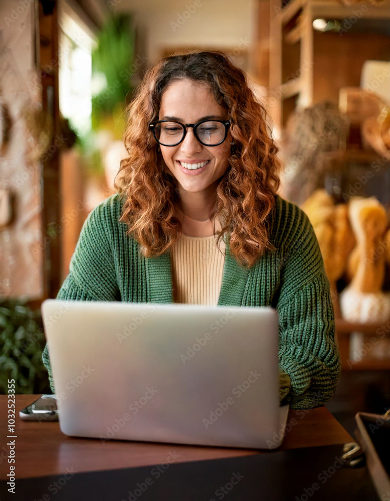Retail store owner working on her laptop, smiling woman talking on a cell phone in her store Retail store owner working on her laptop, smiling woman talking on a cell phone in her store