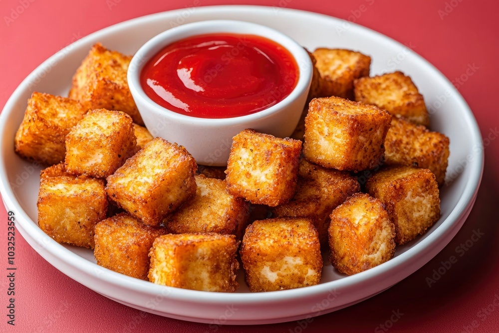 Fried Cheese Cubes with Ketchup on a White Plate