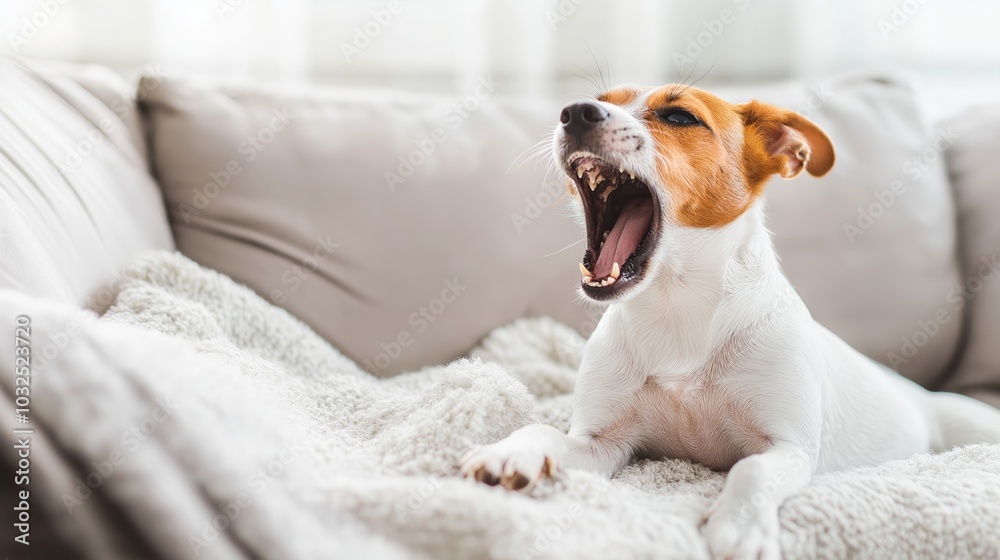 Adorable small dog with brown and white fur yawning widely and showing its teeth while cozy on a soft blanket couch Adorable small dog with brown and white fur yawning widely and showing its teeth while cozy on a soft blanket couch