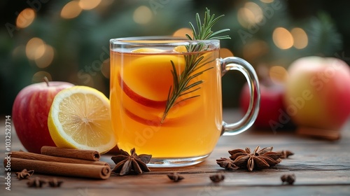 Warm lemon drink with spices garnished with rosemary and star anise on a wood...