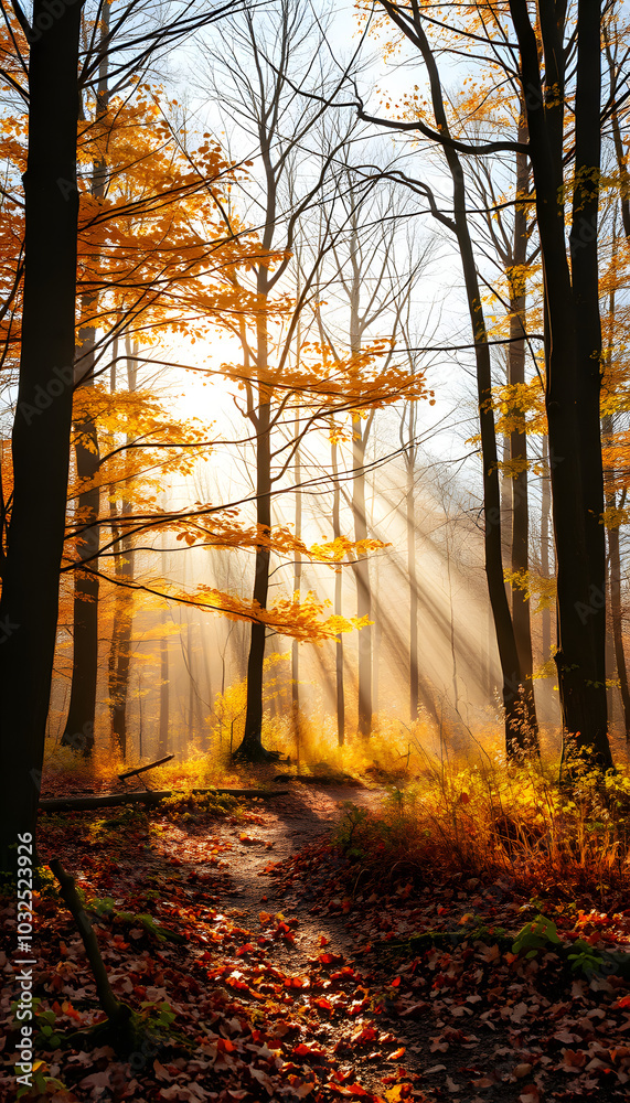 Fototapeta premium Fairy tale spring in autumn forest. Morning rays of light through the trees. Picturesque forest isolated with white highlights, png