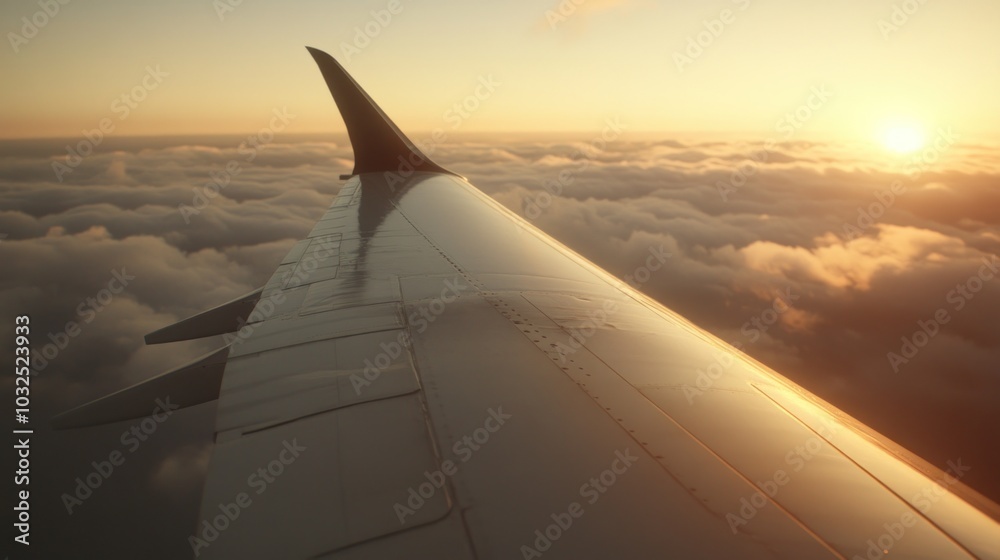 Airplane wing with the sunset in the background, seen from a passenger window. Airplane wing with the sunset in the background, seen from a passenger window.