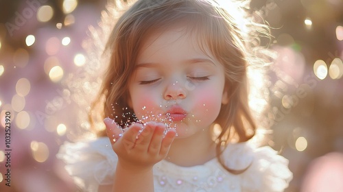 Little girl blowing sparkles with a dreamy expression in a soft, magical setting