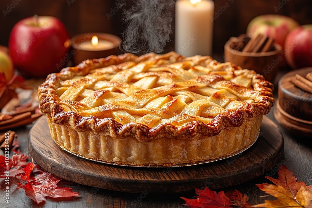 Apple pie decorated with lattice overhead shot, fall baking concept Apple pie decorated with lattice overhead shot, fall baking concept