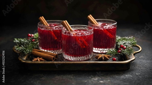 Festive cranberry drinks with cinnamon served on an ornate tray during a cele...