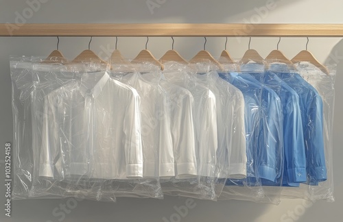 Collection of neatly hung dress shirts in protective covers arranged on a woo...
