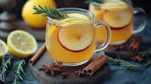 Warm lemon drink with spices garnished with rosemary and star anise on a wood...